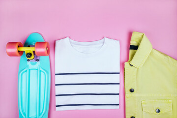 Wall Mural - Summer fashion flatlay with t-shirt and sunglasses