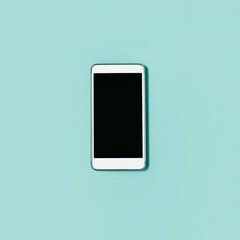 Smartphone with black screen on pastel green background. Simple flat lay, top view. Minimal concept with copy space.