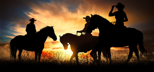 three cowboys at sunset