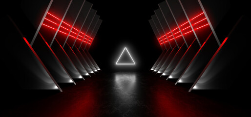 Fototapete - A dark corridor lit by red neon lights. Reflections on the floor and walls. 3d rendering image.