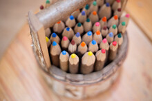 Wooden Pencil Holder With Coloured Pencils