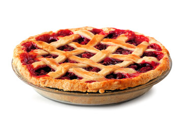 Aufkleber - Homemade cherry pie with lattice pastry isolated on a white background. Side view.