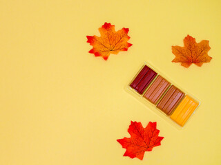 Wall Mural - 
Plasticine and
 autumn leaves on yellow.
Plasticine of brown shades and
 autumn leaves lie on the right in the corner on a yellow background with space for text on the left, close-up top view .