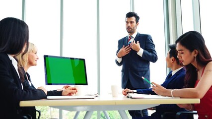 Poster - business people in the conference room with green screen chroma key tv or computer on the office tab