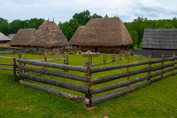 Wall Mural - peasant house with thatched roof and tile built of clay and brick