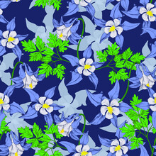 Seamless Vector Pattern With Columbine Floewrs On Deep Blue Background. Stock Line Vector Illustration. T-shirt Design, Textiles, Fabrics, Covers, Wallpapers, Print, Wrapping Gift