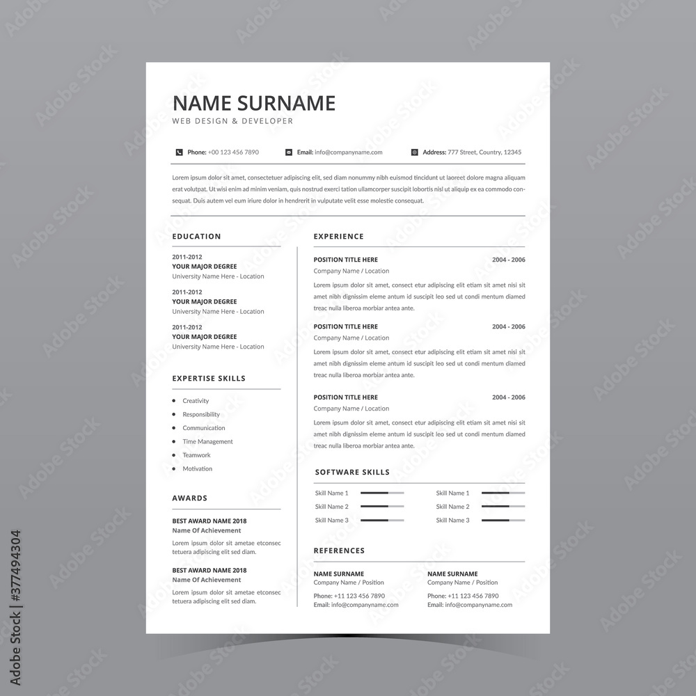 Professional Resume Template Vector Design Stock Vector | Adobe Stock
