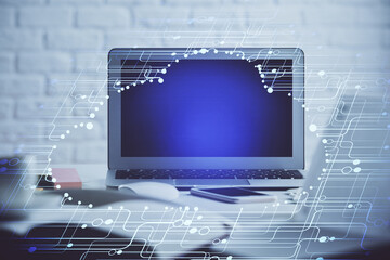 multi exposure of desktop computer and technology theme hologram. concept of software development.
