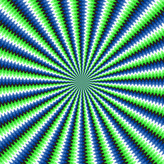 Optical illusion with motion effect vector background. Wavy stripes move around center.