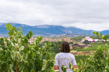 mujer mirando paisaje de viñedos en elciego ,rioja alabeas