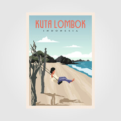 Sticker - kuta beach lombok vintage poster design, indonesian travel poster design