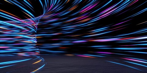 Poster - Tunnel with colorful light streaks, technology concept. 3D render / rendering.