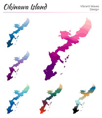 Wall Mural - Set of vector maps of Okinawa Island. Vibrant waves design. Bright map of island in geometric smooth curves style. Multicolored Okinawa Island map for your design. Beautiful vector illustration.