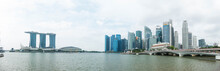 Singapore - 10 June 2018: Merlion Statue, Singapore City, Panorama Of Marina Bay And The National Symbol Of Singapore And The Tourists Around It. - Image