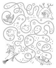 Halloween Black And White Maze For Children. Autumn Preschool Printable Educational Activity. Funny Day Of The Dead Game Or Coloring Page. Help The Witch Get To Her Hill .