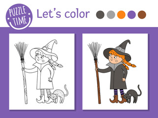 Wall Mural - Halloween coloring page for children. Cute funny witch with broom and cat. Vector autumn holiday outline illustration. Trick or treat dress party color book for kids with colored example.