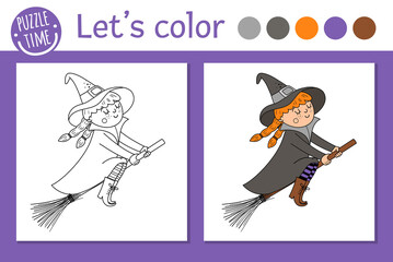 Wall Mural - Halloween coloring page for children. Cute funny witch flying on the broom. Vector autumn holiday outline illustration. Trick or treat dress party color book for kids with colored example.