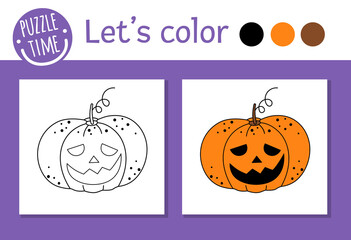 Wall Mural - Halloween coloring page for children. Cute funny pumpkin lantern. Vector autumn holiday outline illustration. Trick or treat dress party color book for kids with colored example.