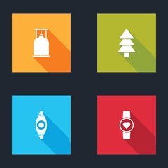 Sticker - Set Camping gas stove, Tree, Kayak or canoe and Smart watch showing heart beat rate icon. Vector.