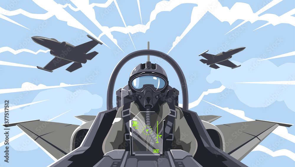 Pilot's in the fighter. Aircraft-fighter cockpit overview. Aerobatic team in the air. A military fighter in the clouds. Figures of higher pilatage. The pilot of a military plane. Illustration, EPS 10 - obrazy, fototapety, plakaty 