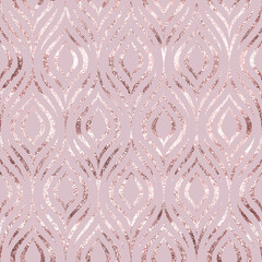 Poster - Vector seamless pattern. Rose gold feather peacock. Roses golden foil. Pink background geometric line pastel color. Delicate marble texture. Soft sparkle. Elegant abstract design gift wrappers, prints