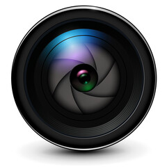 Poster - Camera photo lens 3D with shutter inside realistic icon, vector illustration.