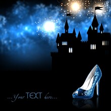 Lost Shoe Of Cinderella. Fairy Tale Illustration. Festive Fireworks In Night Sky Above Castle. Magical Background.