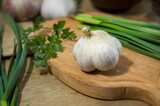 Fototapeta Miasto - Garlic bulb on a wooden cutting board. Selective focus. Cooking food. Vegetable and garlic culture.