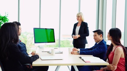 Poster - business people in the conference room with green screen chroma key tv or computer on the office tab
