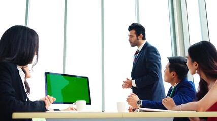 Poster - business people in the conference room with green screen chroma key tv or computer on the office tab