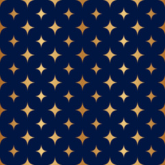Poster - Star gold seamless pattern. Starry night sky. Dark blue space background with golden stars for prints. Shining stars on sky. Navy color. Modern stylish cyan texture. Vector 