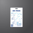 Ski pass line style vector illustration. Ski pass template. Winter vacation and hotel, mountains and ski lift. Ticket to elevator. Card for snowboarding and winter entertainment. Lift pass.