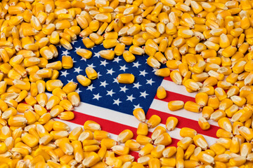 Wall Mural - Flag of United States of America covered in corn kernels. Concept of American agriculture imports, exports, ethanol, trade war, agreement and tariffs.