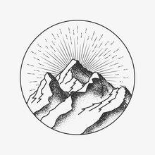 Mountains Peak Round Circled Logo Or Badge Or Sticker Tattoo Dotwork Design For Mountains Poster Or Post Or Flyer Design. Vector Illustration