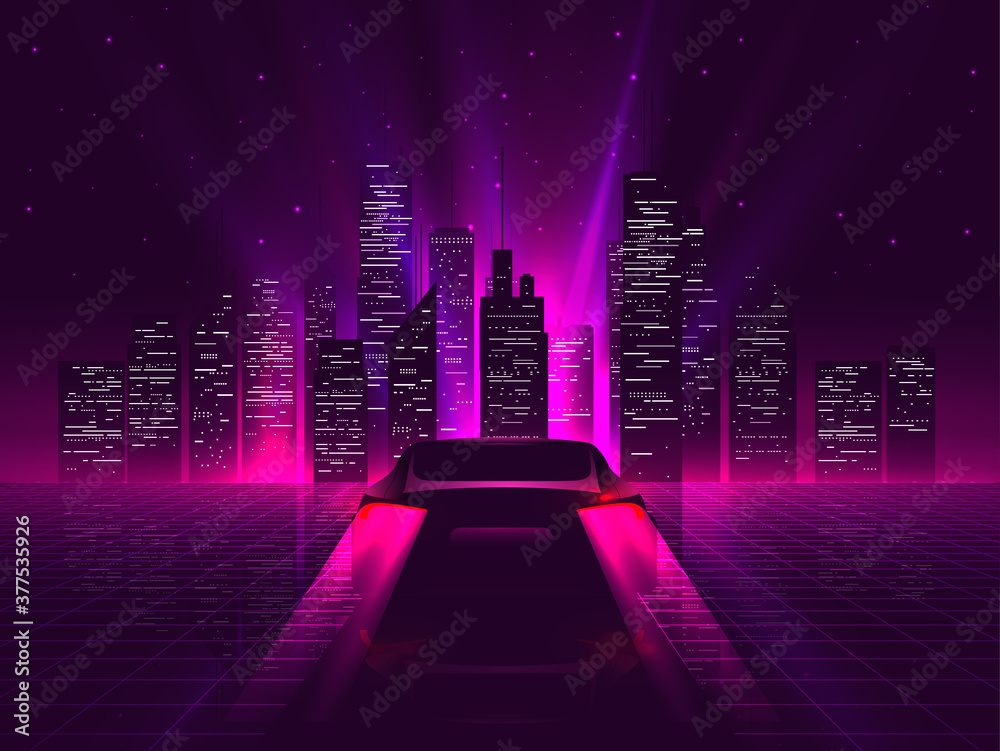 Back side sport car silhouette with neon glowing red rear lights riding on high speed at night with cityscape on background. Outrun or vaporwave retro futuristic aesthetic vector illustration. - obrazy, fototapety, plakaty 