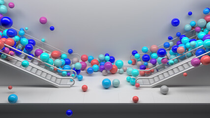 Poster - 3d render colorful background with a lot of shiny spheres fall down from escalator. Fun and positive mood. Vibrant colors. 3d spheres...