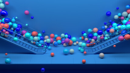 Poster - 3d render colorful background with a lot of shiny spheres fall down from escalator. Fun and positive mood. Vibrant colors. 3d spheres...