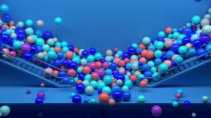 Poster - 3d render colorful background with a lot of shiny spheres fall down from escalator. Fun and positive mood. Vibrant colors. 3d spheres...