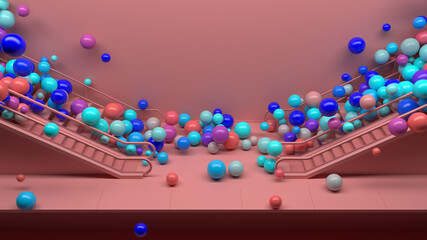 Poster - 3d render colorful background with a lot of shiny spheres fall down from escalator. Fun and positive mood. Vibrant colors. 3d spheres...