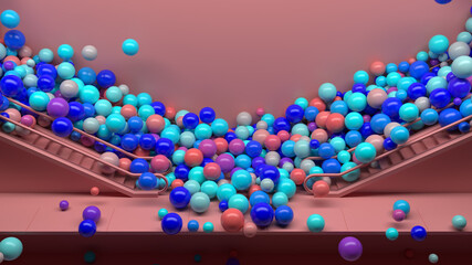 Poster - 3d render colorful background with a lot of shiny spheres fall down from escalator. Fun and positive mood. Vibrant colors. 3d spheres...