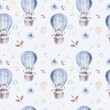 © kris_art - Watercolor blue illustration of a cute animal safary elephant and fancy sky scene complete with airplanes and balloons, clouds. Baby Boy and girl pattern. baby shower
