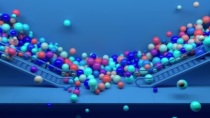 Poster - 3d render colorful background with a lot of shiny spheres fall down from escalator. Fun and positive mood. Vibrant colors. 3d spheres.