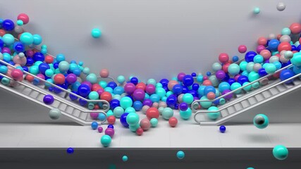 Poster - 3d render colorful background with a lot of shiny spheres fall down from escalator. Fun and positive mood. Vibrant colors. 3d spheres.