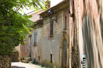 Wall Mural - Alley of an Italian village with old brick houses, plants and flowers (Fiorenzuola di Focara, Italy, Europe)