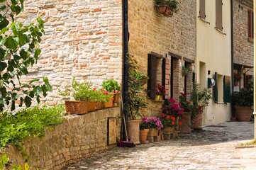 Naklejka na meble Alley of an Italian village with old brick houses, plants and flowers (Fiorenzuola di Focara, Italy, Europe)