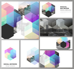 Poster - Vector layouts of modern social network mockups in popular formats with colorful hexagons, geometric shapes, tech background for cover design, website design, website background or advertising mockups