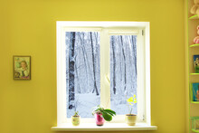 Window In Children Room With View To Winter Forest