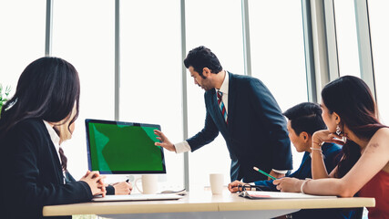 Poster - business people in the conference room with green screen chroma key tv or computer on the office tab