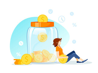 Wall Mural - Large piggy bank in the form of a jar with coins inside and young woman. Money saving or accumulating, Financial services, Deposit concept. Isolated vector illustration for banner, poster, advertising