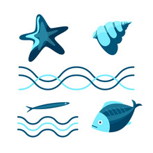 Sea Kit: Waves, Seashell, Fish And Starfish. In Blue Color, In The Style Of The Cartoon. Vector Images Isolated On A White Background.